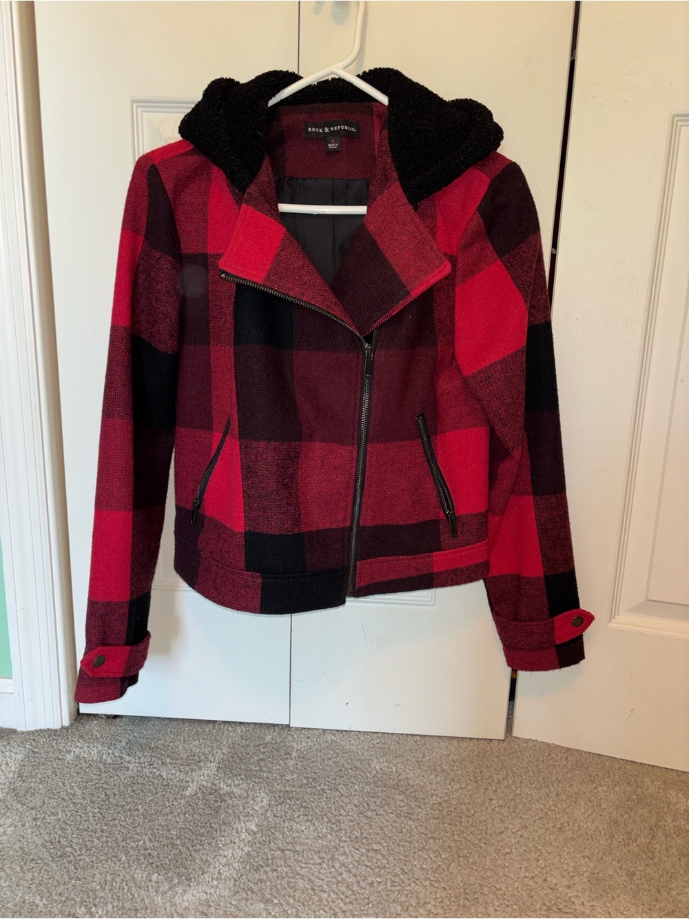 Rock & Republic Red and Black Plaid Hooded Moto Jacket